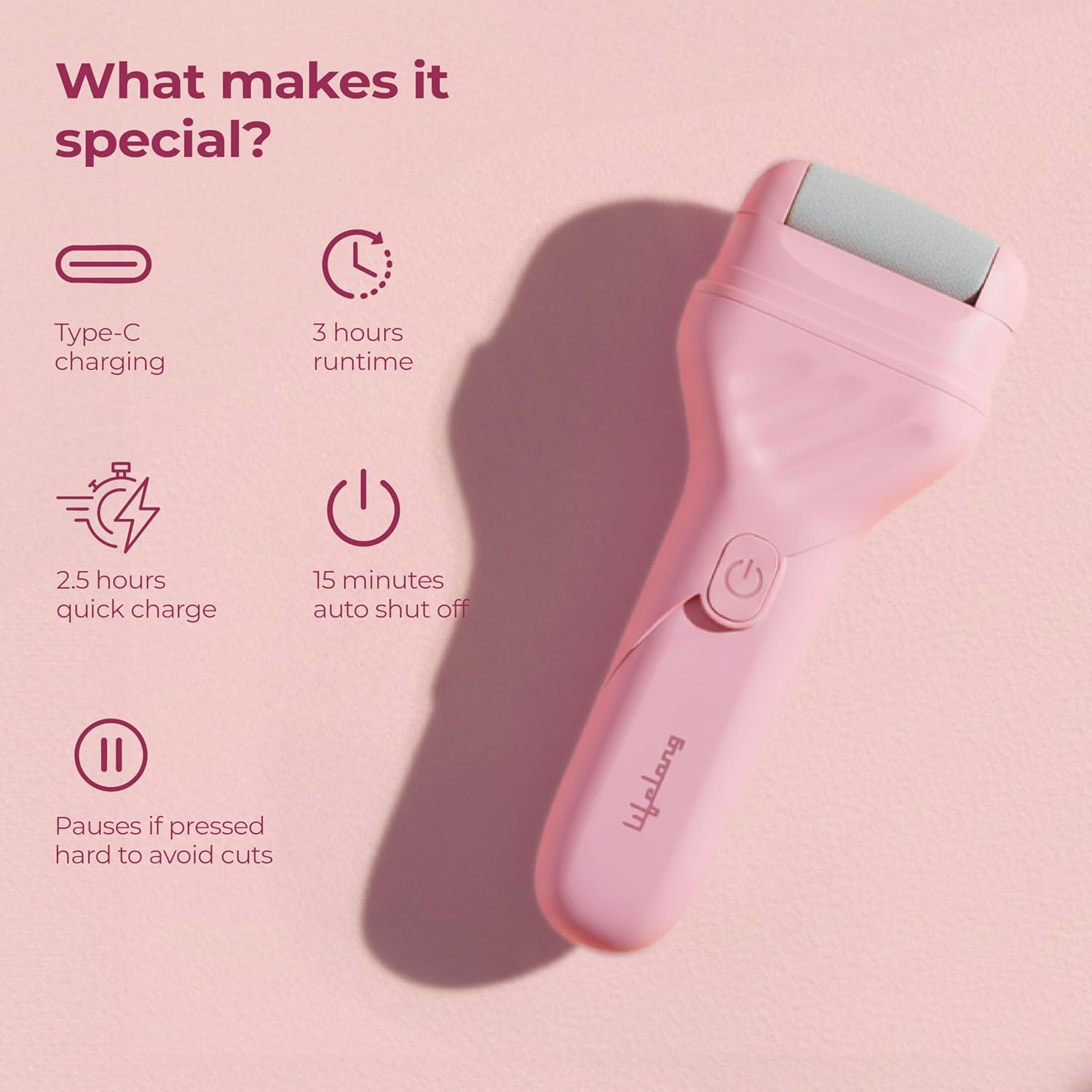 Lifelong PediGlide Luxe Electric Callus Remover for Feet | Rechargeable Foot Scrubber with 3 Roller Heads, 2 Speeds, Type-C Charging & Focus Light