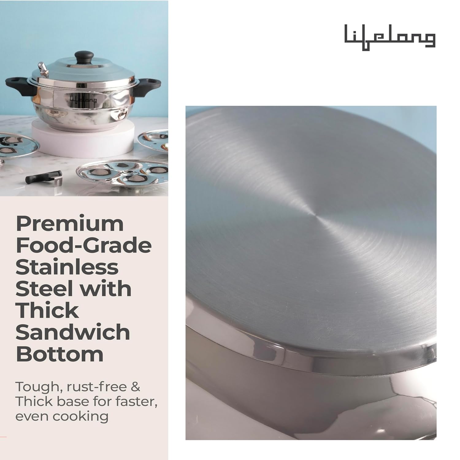 Lifelong Idli Cooker 3 Plate with Sandwich Bottom | 12 idlis | Stainless Steel Idli Cooker, Heavy Base Induction and Gas Stove Compatible Idli Maker (LLIDCKSB03, Steel Silver)