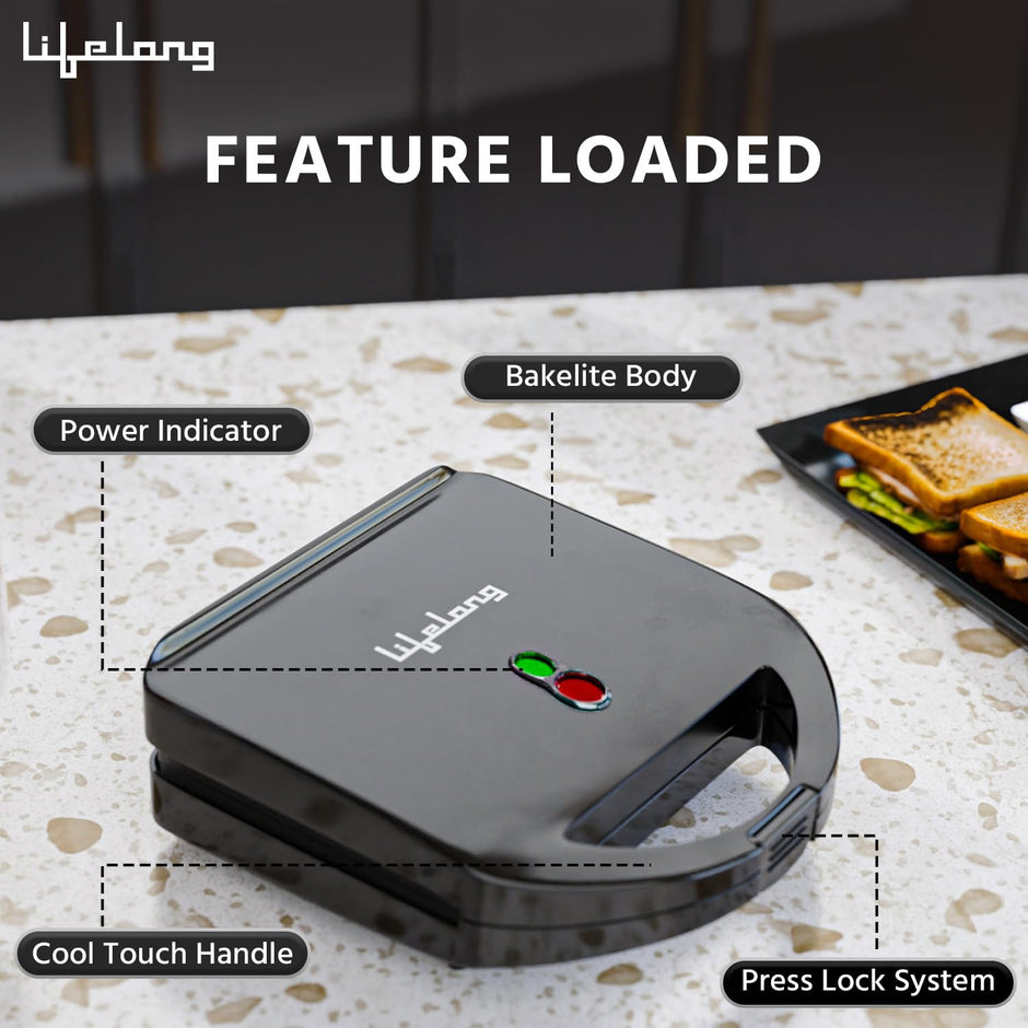 Lifelong LLSM120G Sandwich Griller, Classic Pro 750 W Sandwich Maker with 4 Slice Non-Stick Fixed Plates for Sandwiches at Home with 1 Year Warranty (Black)