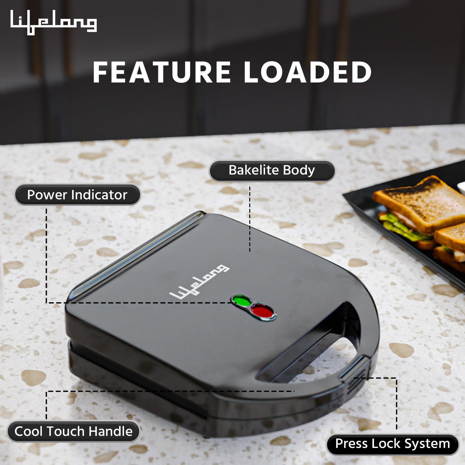 Lifelong LLSM120G Sandwich Griller, Classic Pro 750 W Sandwich Maker with 4 Slice Non-Stick Fixed Plates for Sandwiches at Home with 1 Year Warranty (Black)