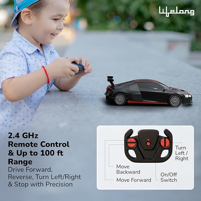 Lifelong Cuppy Remote Control Car Toy for Kids – 2.4GHz High-Speed Racing Car with LED Lights, Rechargeable Battery, Type-C Charging, Anti-Skid Tyres & Suspension (BIS Certified)