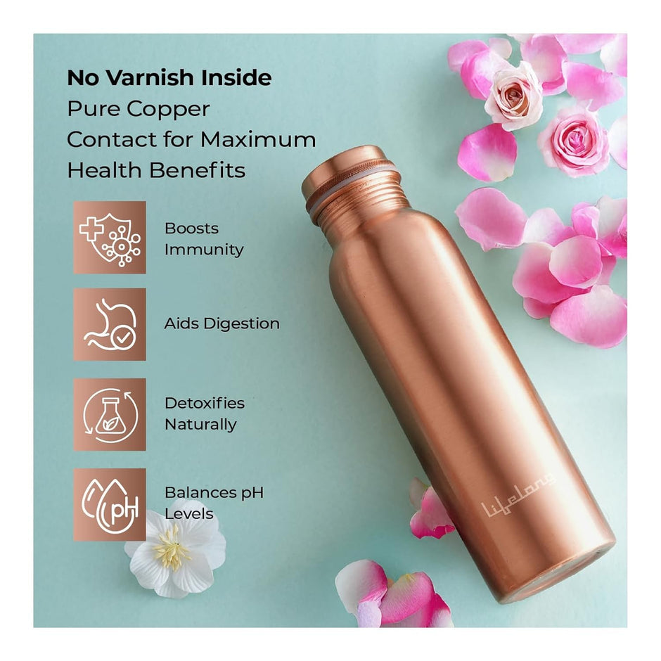 Lifelong 900 ml Copper Water Bottle | Natural Alkaline water | Leakproof & Lightweight Design Boosts Immunity | Anti-Bacterial, BPA Free, Easy to Clean with Secure Cap for School, Travel, Gym & Work LLCBU03