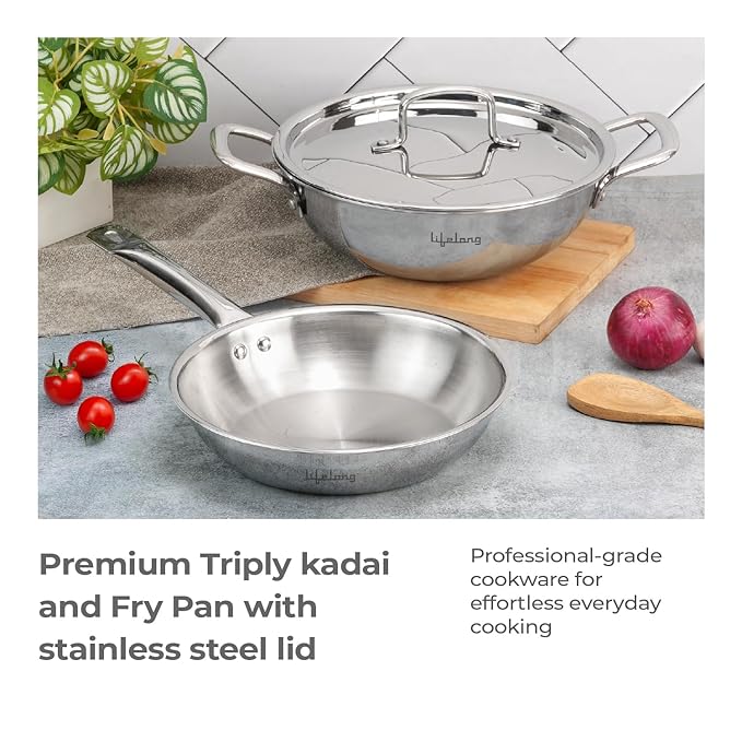 Lifelong Triply Cookware Combo – 24cm Fry Pan (1.5L) & 24cm Kadhai (2.5L) with Steel Lids, Soft Touch Handles, Induction & Gas Compatible (Silver, 2 Pcs)