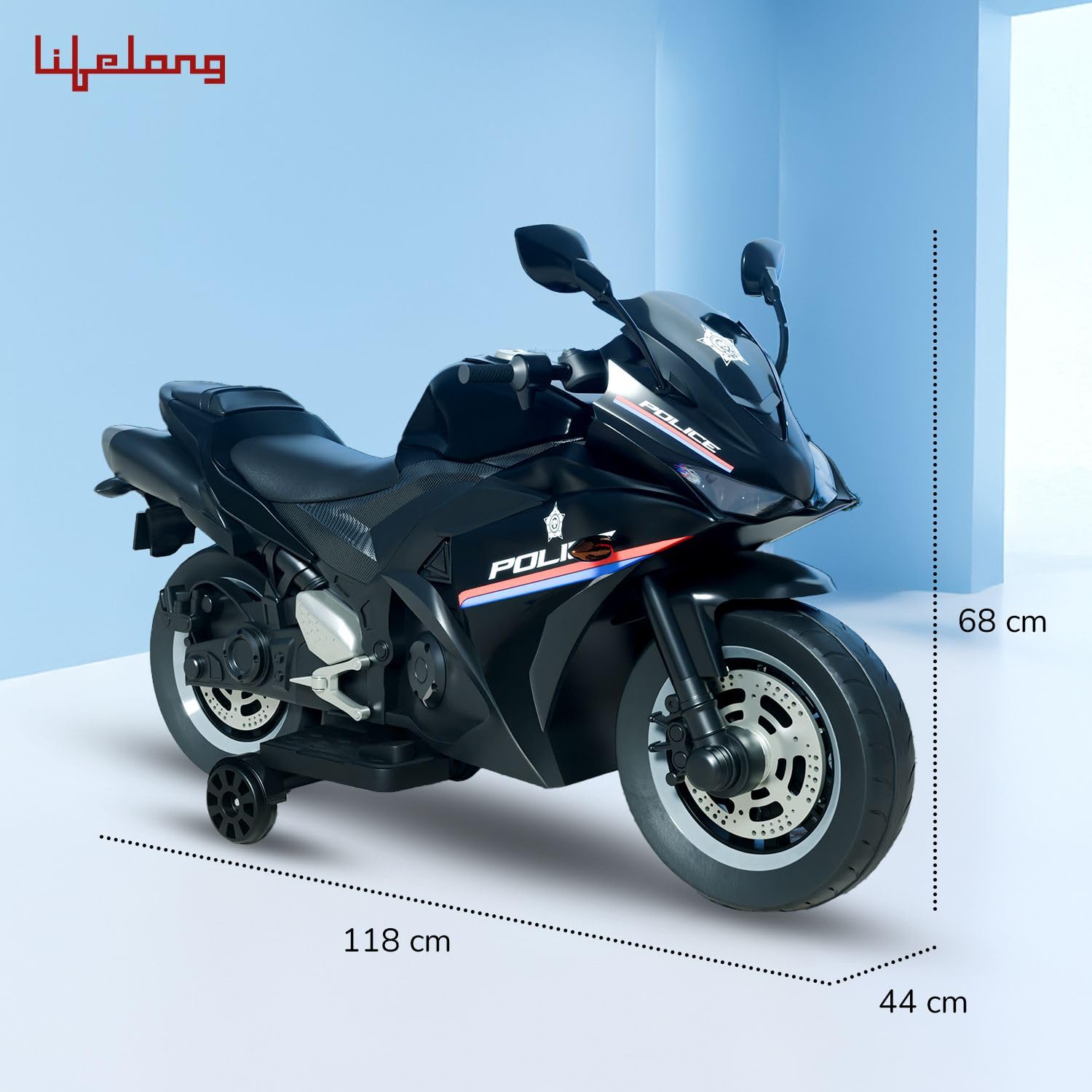 Lifelong Cuppy Electric Ride-On Police R3 Bike for Kids | 2+ Years Battery Bike with LED Lights, Music Panel, Bluetooth & Balance Wheels | Supports Up to 50kg