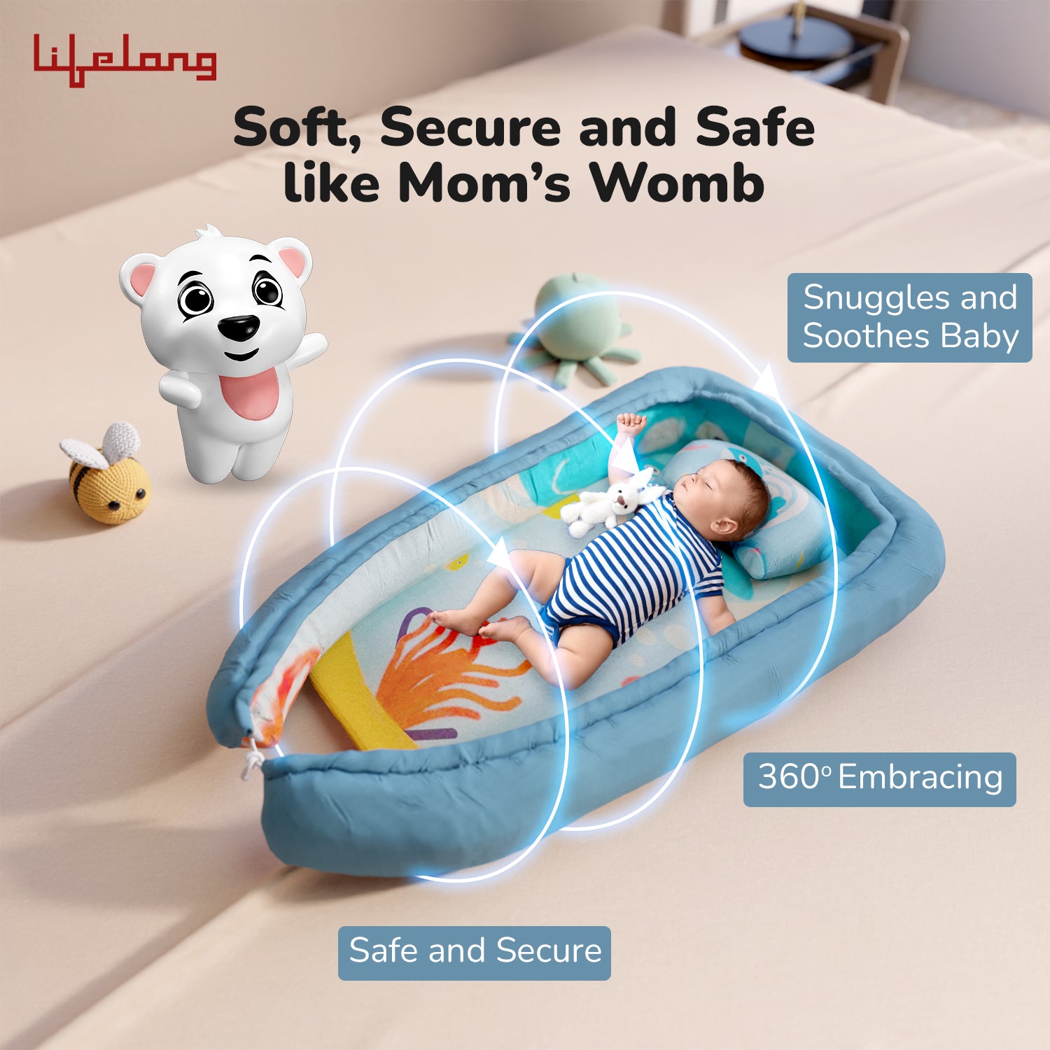 Lifelong Cuppy Newborn Baby Nest Bed with Headrest | Reversible, Foldable & Adjustable Infant Sleeping Bed | Soft Cotton Mattress for 0–2 Years