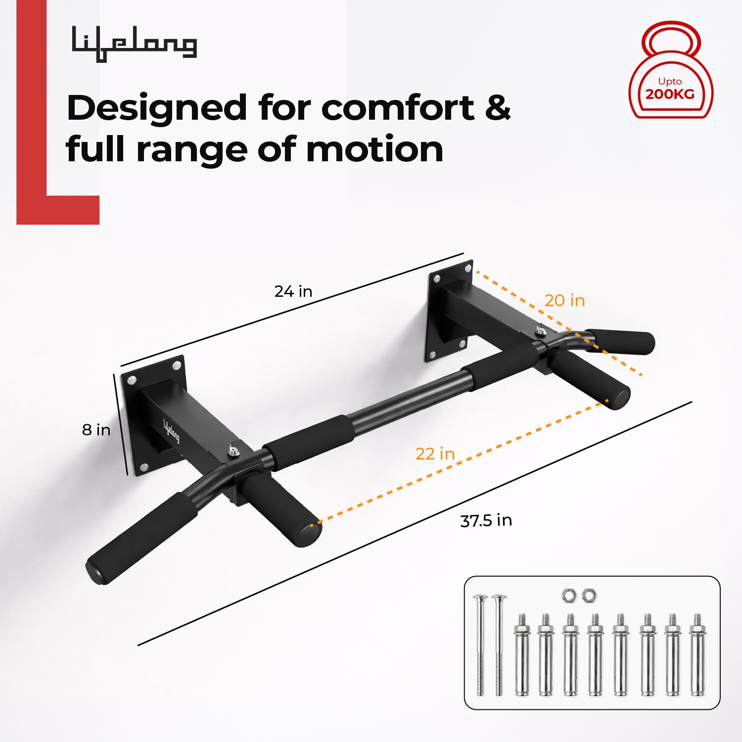 Lifelong Pull Up Bar Wall Mounted | 200kg Capacity| Foam Grip Pull Up Bar for Home | Gym Equipment for Home Workout| Triangle Support | Strong Wall Base| Pull up Bar for Home for Kids, Men & Women