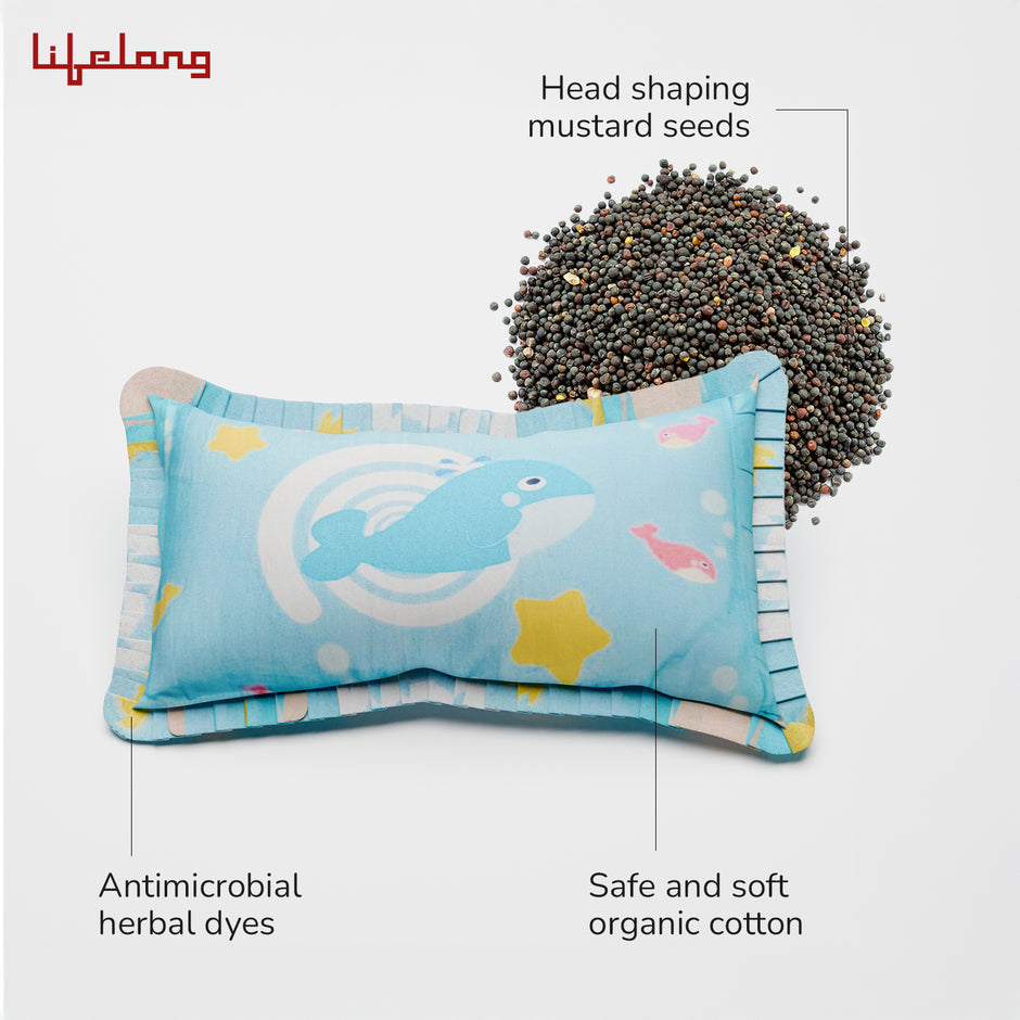 Lifelong Cuppy Rai Mustard Seeds Baby Headrest | Soft & Supportive Pillow for Newborns | Round Head Shaping Cushion with Washable Cover (LLCMP02)