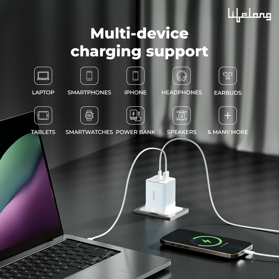 Lifelong 45W Super-Fast GaN Charger PD Technology | 1 USB A + 1 Type C Port | iPhone 17/16/15/14 (Including Pro Max), Android, Samsung | Laptops - MacBook, Dell, HP, Lenovo, Acer, ASUS
