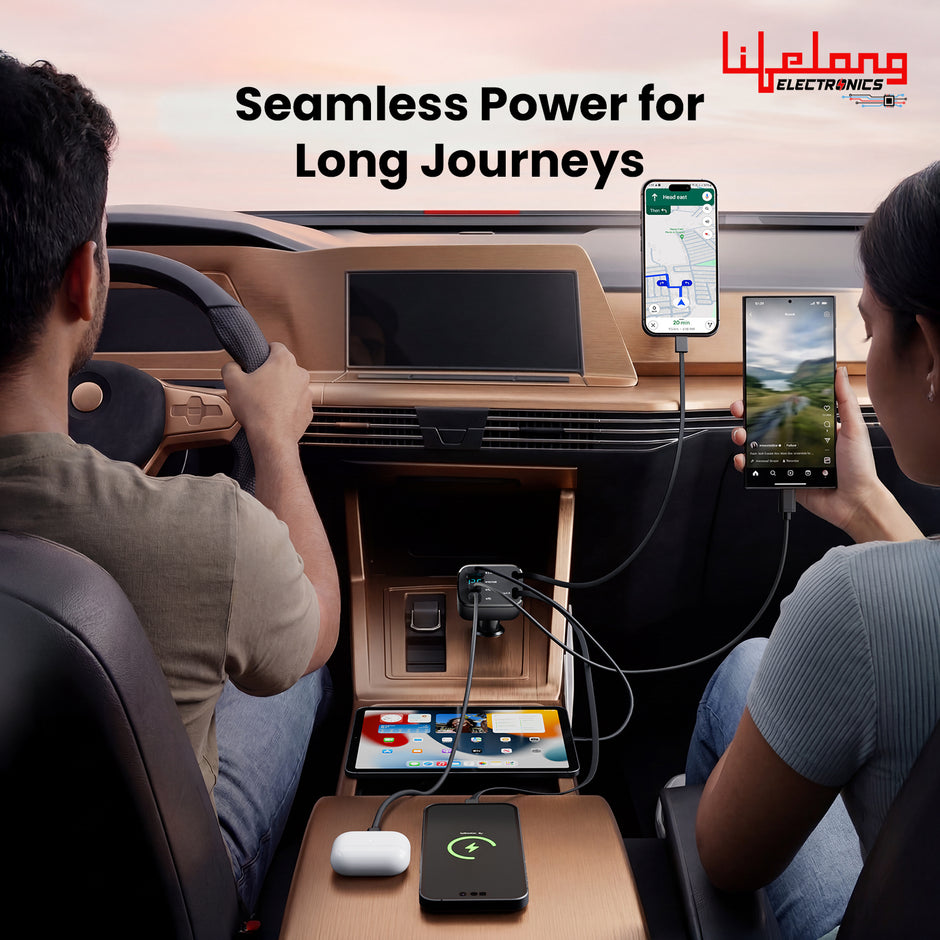 Lifelong Electronics 5-in-1 Car Charger Adapter | 2 Retractable Cables (Type-C & Lightning) + 3 Ports (USB A + 2 Type C) | LED Display | Flexible Head | Fast Charging for iPhone, Android & All Devices