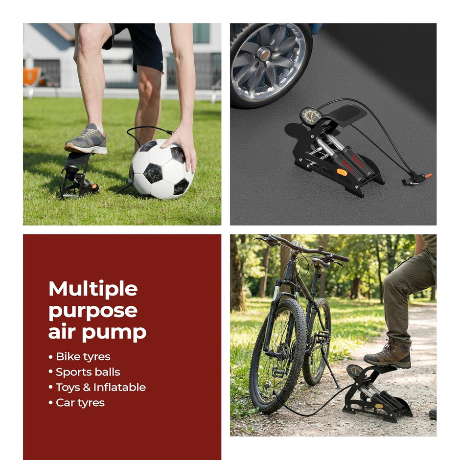 Lifelong Bike Floor Pump | 160 PSI Pressure Gauge | Cycle Pump & Foot Air Pump | Bicycle Pump | Car Tyre Inflator | Presta Schrader Deutschland Valve | For Bicycle, Ball, Scooter, Car, Toys | Black