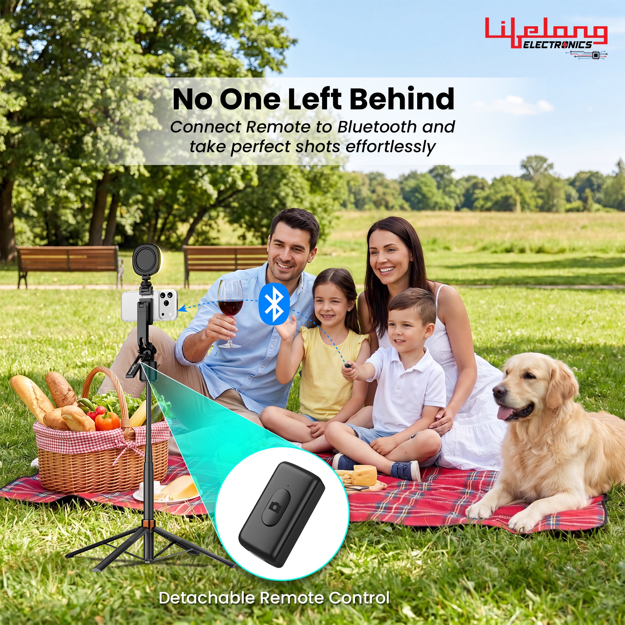 Lifelong Electronics AI Powered Selfie Stick Tripod 183CM/72 Inches | Auto Face Tracking | Quad Leg Stability Mobile Stand for Desk with Dual Influencer Light (5W) | Tripod Stand for Phone & Camera