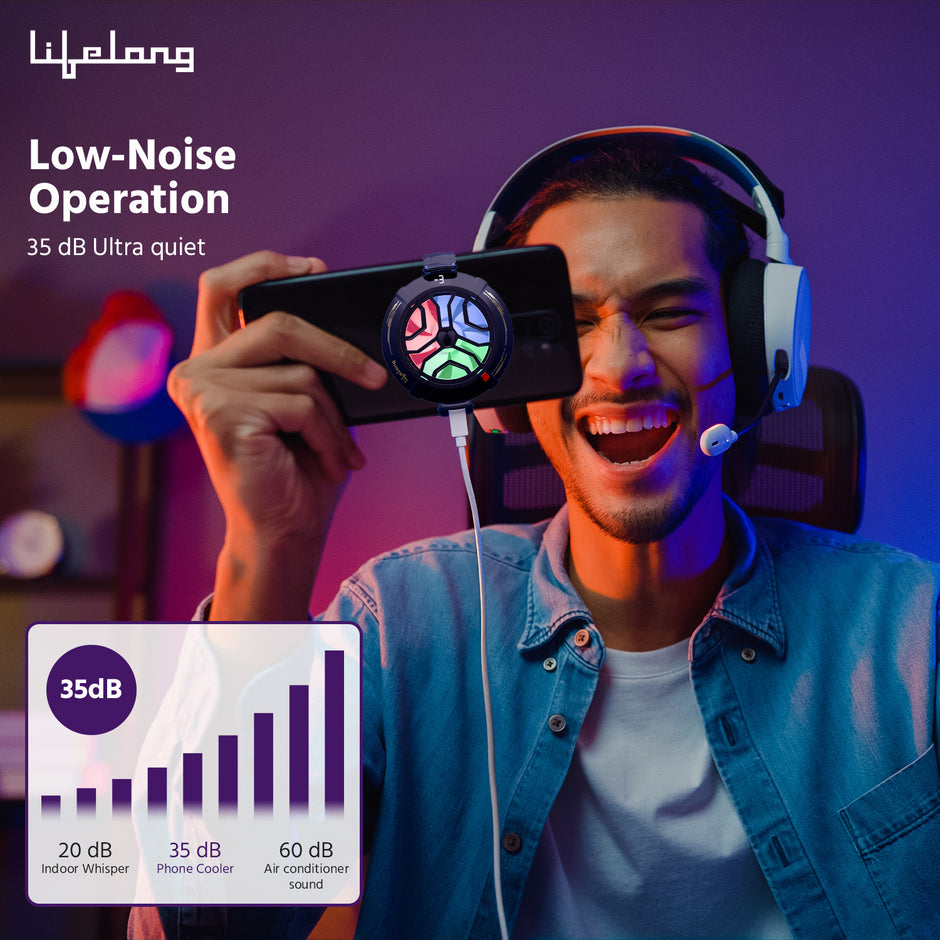 Lifelong Phone Cooler for Gaming | Powerful Semiconductor Technology | Magnetic Attachment For iPhone & Android | Additional Clip | Instant Cooling Fan for Mobile with 3 Speeds | USB Wired | RGB Light