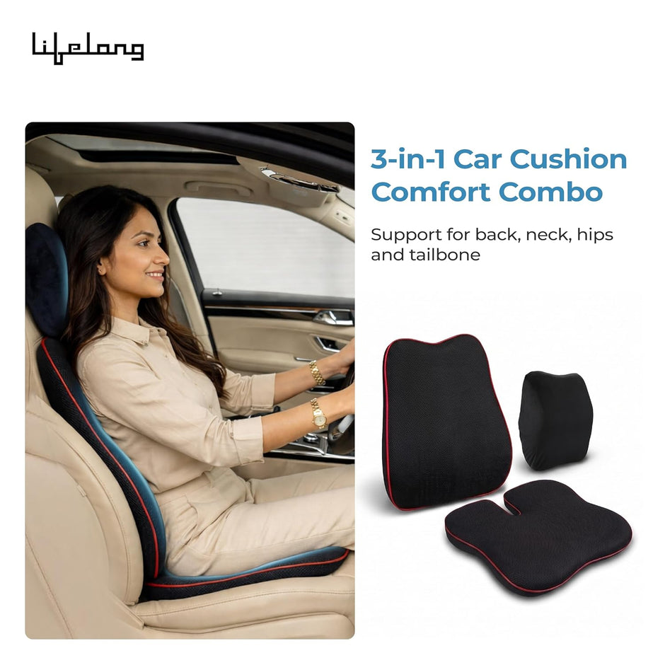 Lifelong Car Seat Cushion & Lumbar Support Combo | 100% Memory Foam Backrest, Headrest Neck Pillow for Driving, Sciatica & Tailbone Pain Relief | Ergonomic 3-in-1 Set, Adjustable Strap (LLCOM03)