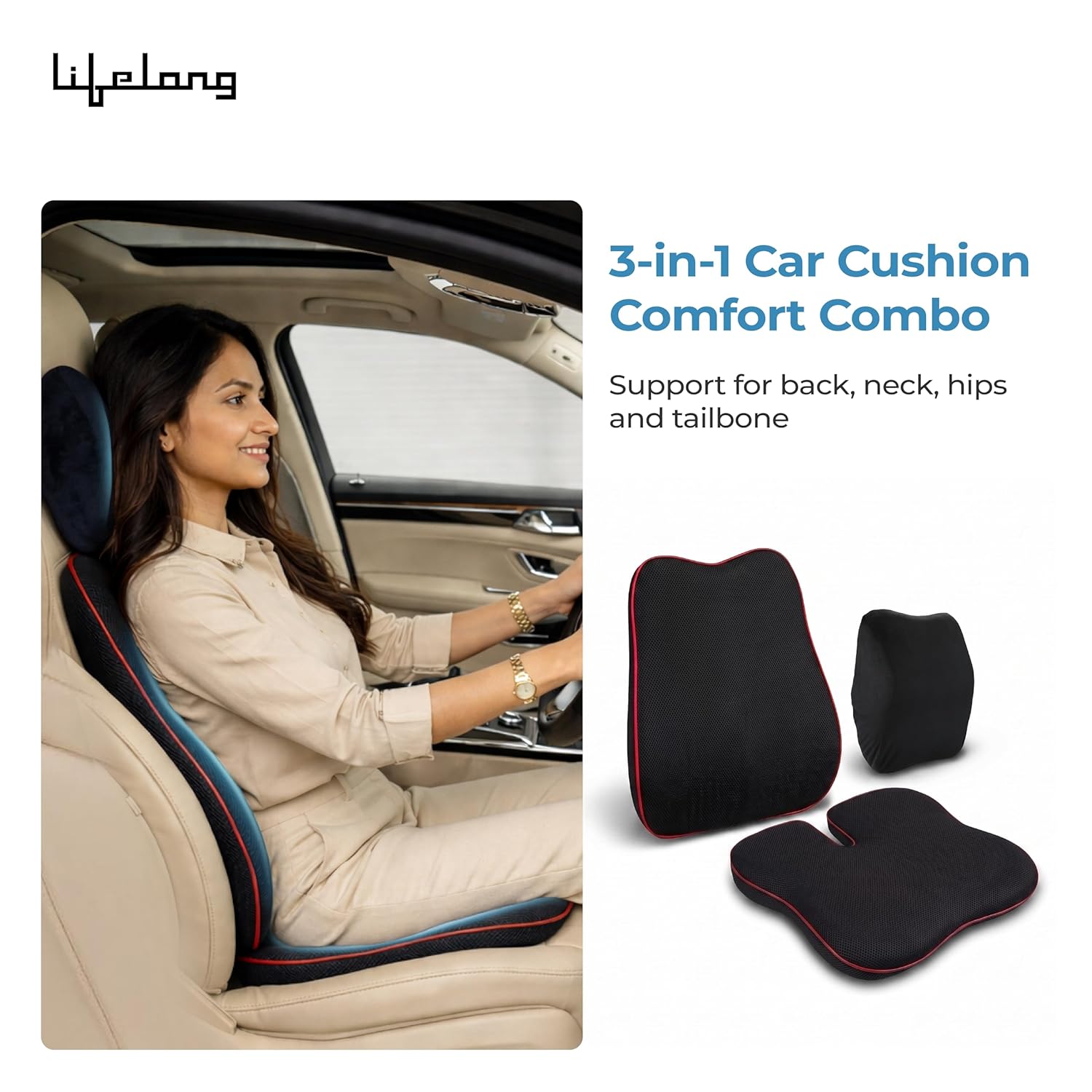 Lifelong Car Seat Cushion & Lumbar Support Combo | 100% Memory Foam Backrest, Headrest Neck Pillow for Driving, Sciatica & Tailbone Pain Relief | Ergonomic 3-in-1 Set, Adjustable Strap (LLCOM03)