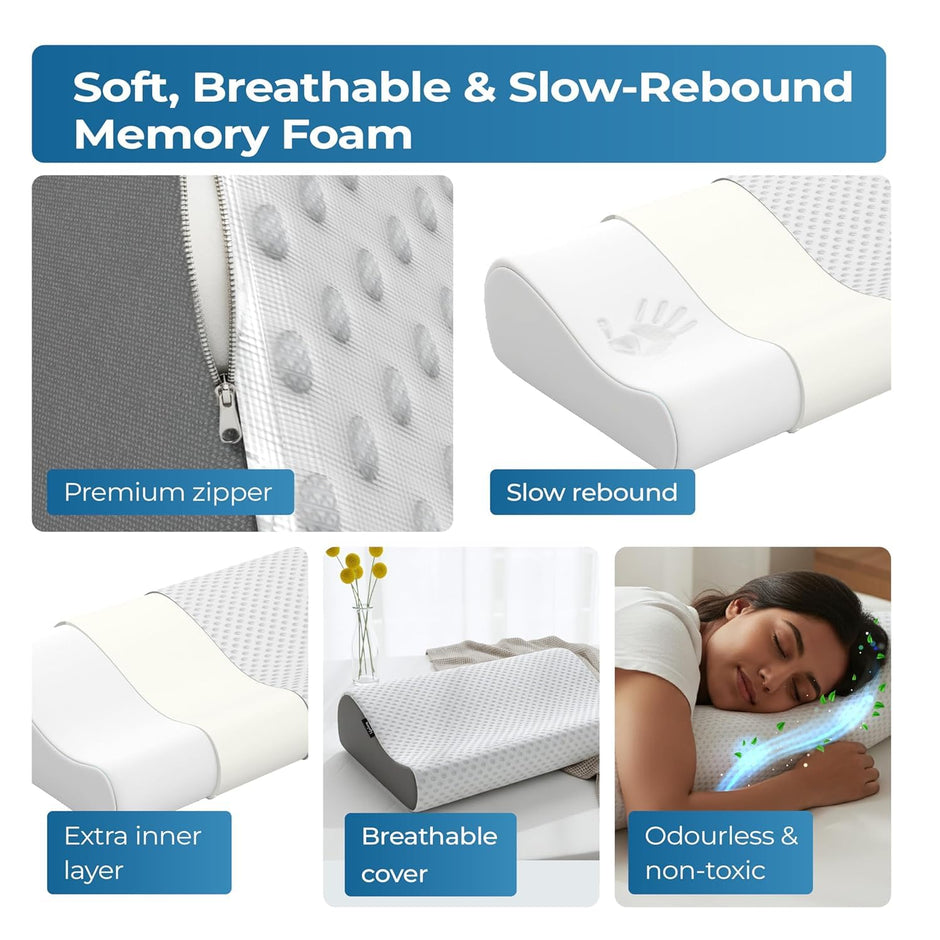 Lifelong Memory Foam Cervical Pillow for Neck Support | Pack of 2 - Bed Pillow | Orthopedic Contour Foam Pillow for Neck Pain with Breathable Cover | Fits Side & Back Sleepers | Pain Relief for Adults