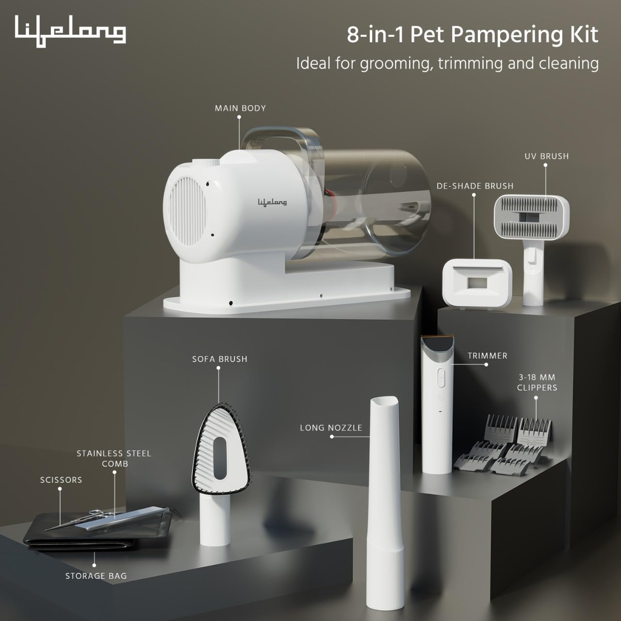 8-in-1 Pet Grooming Kit for Dogs & Cats | Powerful Pet Vacuum Cleaner, 3 Suction Modes & HEPA Filter | Keep Your Home Tidy (LLEPG09)
