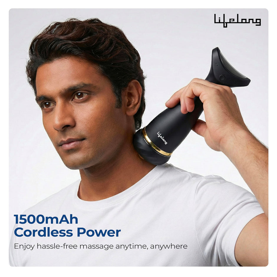 Lifelong Flathead Massager | Rechargeable Body Massager for Pain Relief | 4 Heads for Targeted Therapy | 4 Speed Levels | Heat Therapy | Full Body Electric Percussion Massager for Adults