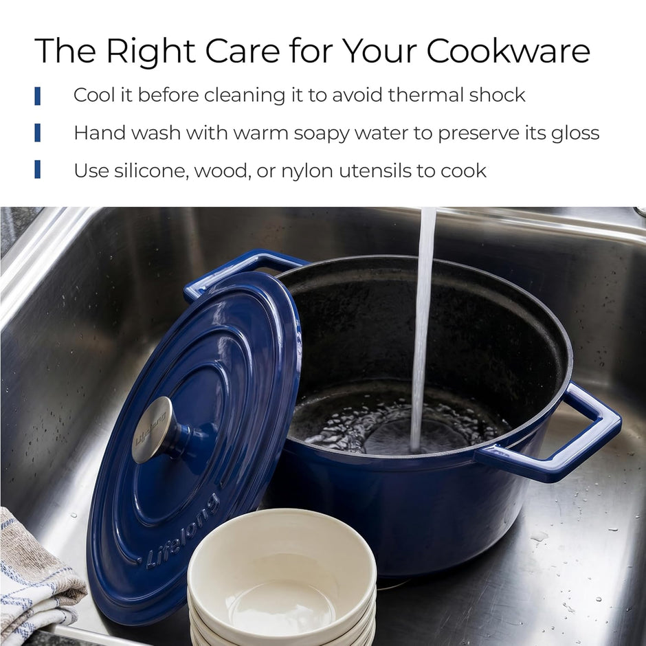 Lifelong Enamel Cast Iron Casserole with Lid (3.8L, 24cm) | Oven, Gas & Induction Compatible | Slow Cooking, Even Heat Distribution, Nontoxic, Durable, Naturally Nonstick, No Stains or Scratch (Blue)