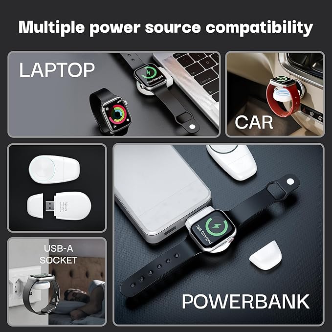 Lifelong iWatch Wireless Charger – Compact USB-A Magnetic Cable-Free Travel Charger, Lightweight & Portable, Compatible with Apple Watch Series 9/8/7/SE/6/5/4/3/2/1 (White)