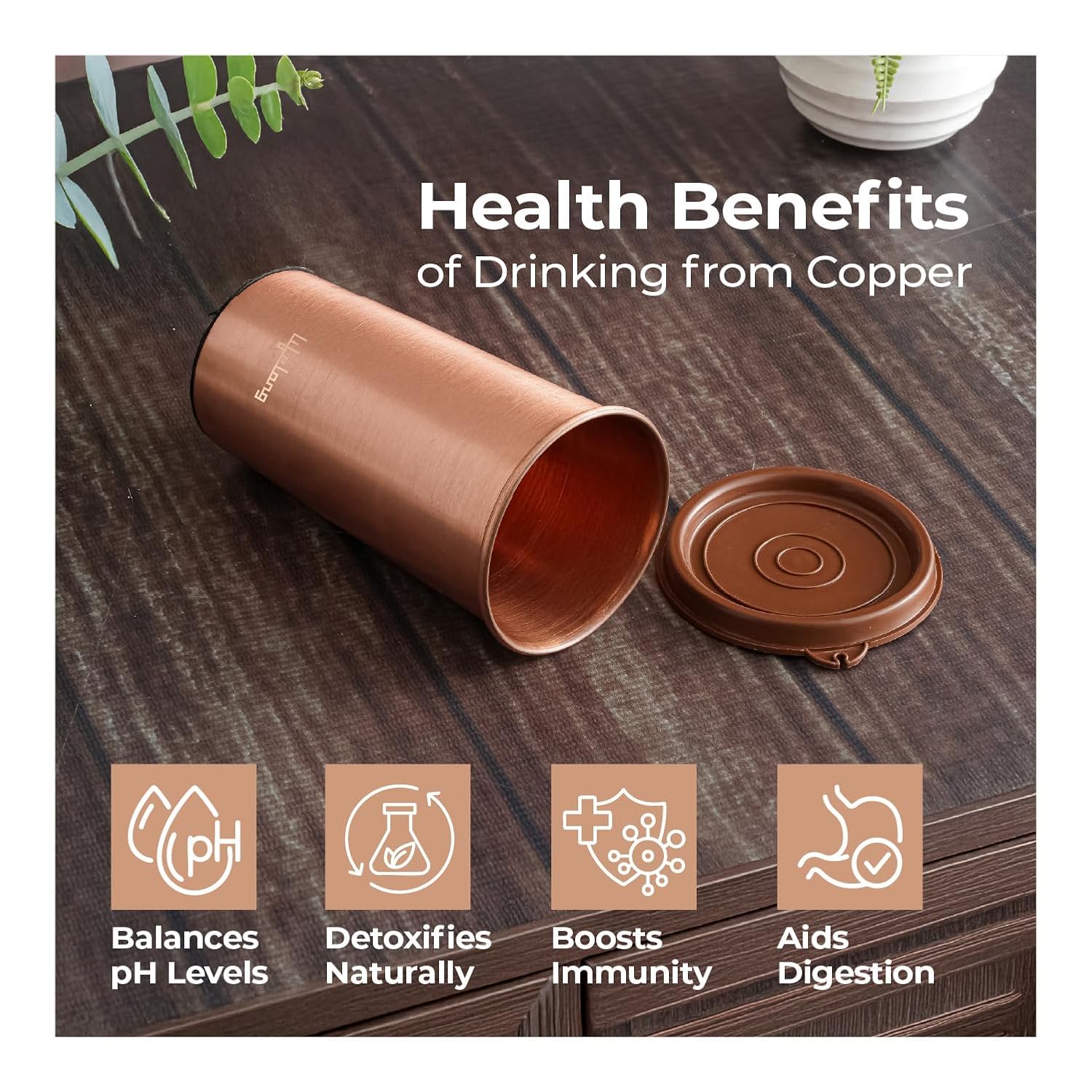 Lifelong 480ml Copper Water Tumbler with Lid | Natural Alkaline water |Leakproof & Lightweight Design Boosts Immunity |Anti-Bacterial & BPA Free |Easy to Clean with Secure Cap for School, Travel & Gym