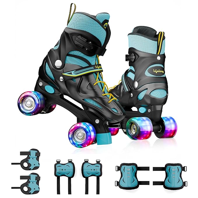 Lifelong Kids Adjustable Inline Skating Shoes with LED Lights – Durable Frame with Safety Pads, Adjustable Size (Euro 38–41, Blue, L)