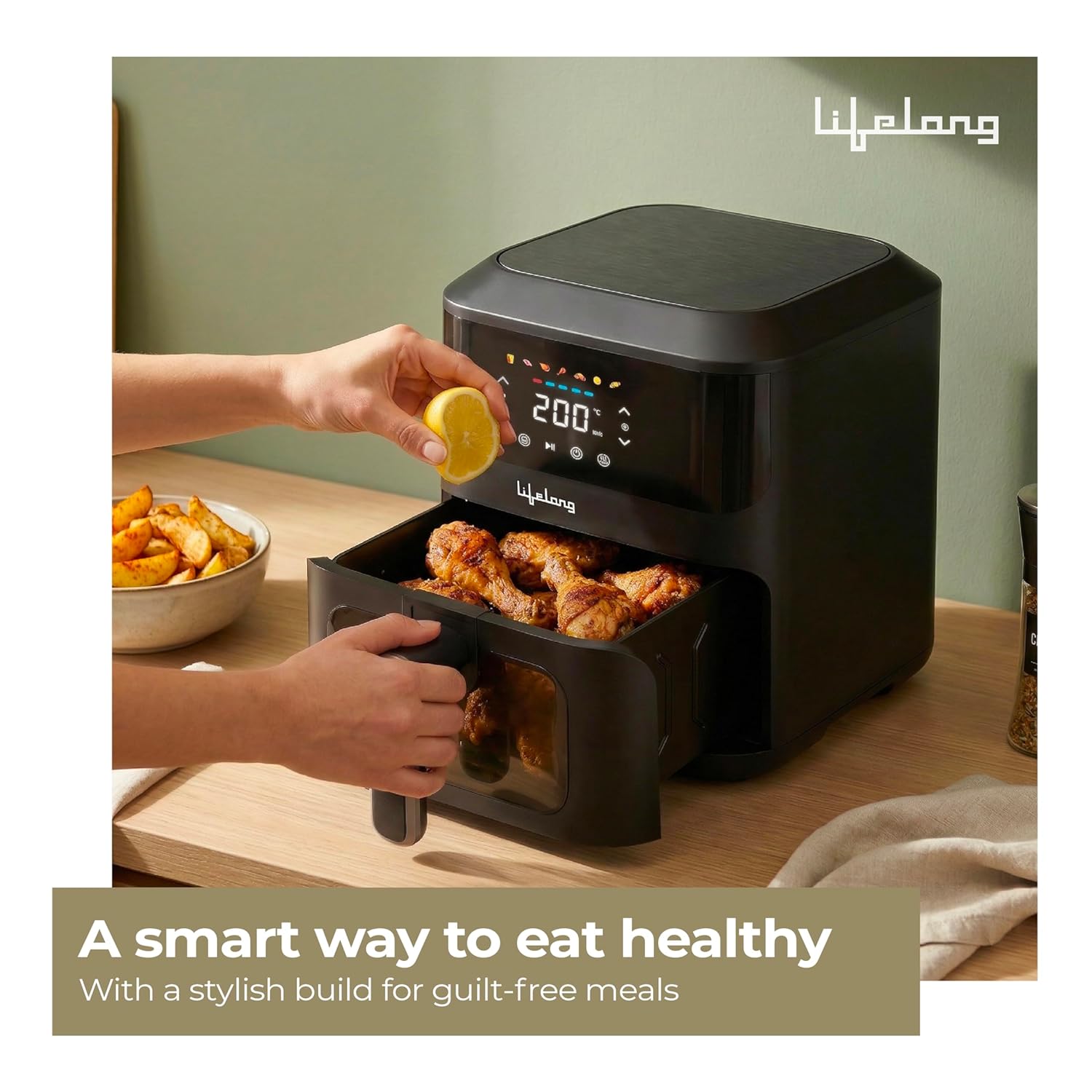 Lifelong 4.2L Air Fryer for Healthy Cooking | 1350W | 7 Presets with Defrost | Low Oil Cooking with 360Â° Rapid Air Technology | LED Touch Panel with Countdown Marking | Easy Clean Kitchen Appliance Black & Grey
