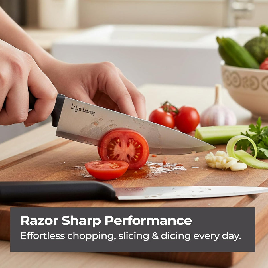 Lifelong Professional 3-Piece Knife Set for Kitchen Use | High Carbon Stainless Steel Chef Utility & Santoku Knives | Ergonomic Blue Handles | Sharp Knives Set for Home & Cooking (LLCTKF03, Blue)