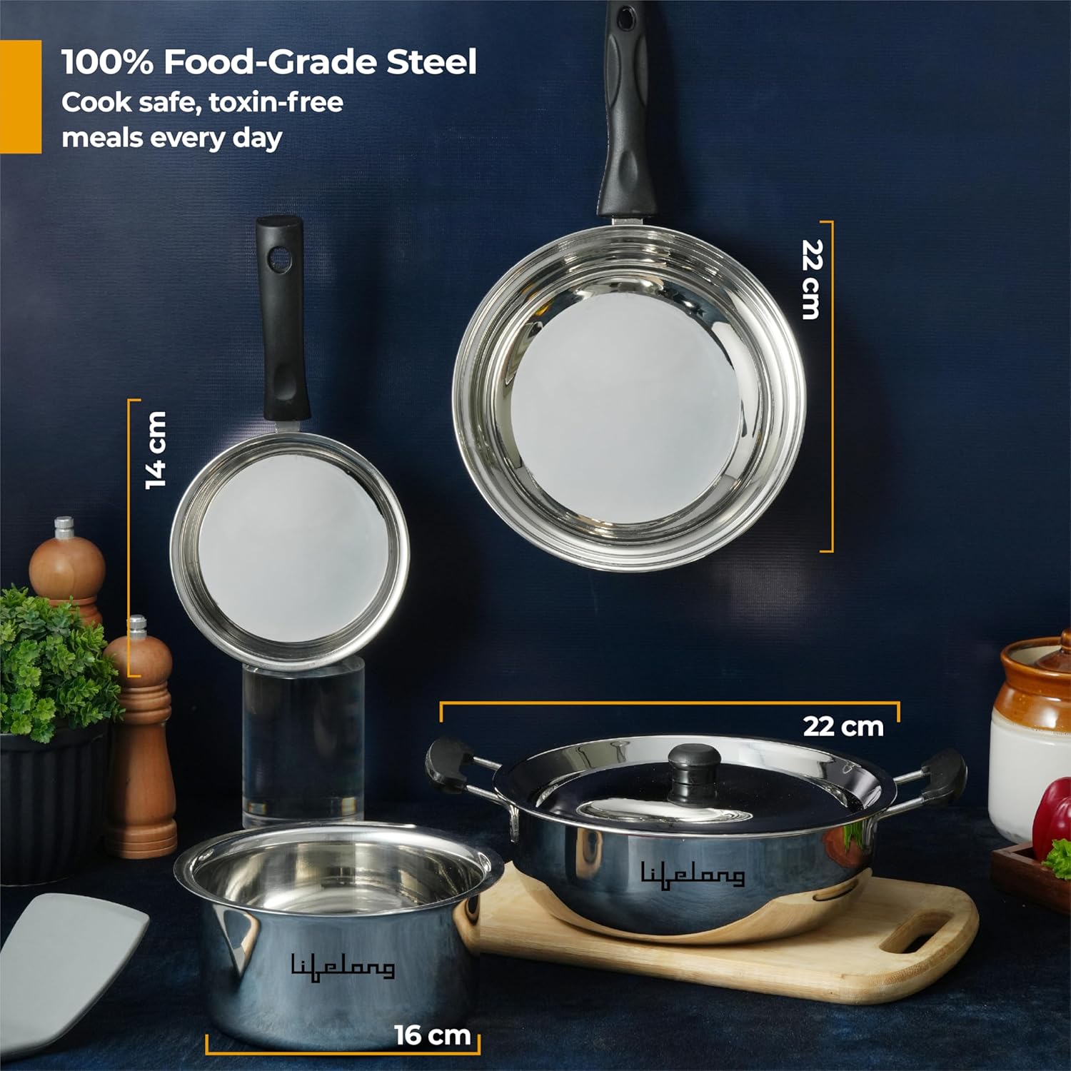 Lifelong 4 Pc Stainless Steel Cookware Set | 2.2L Kadhai with Lid 22cm | 1.4L Fry Pan 22cm | 1.2L Saucepan 14cm |1.4L Tope 16cm | Comes with Common Lid | Induction & Gas Compatible |Bakelite Handles