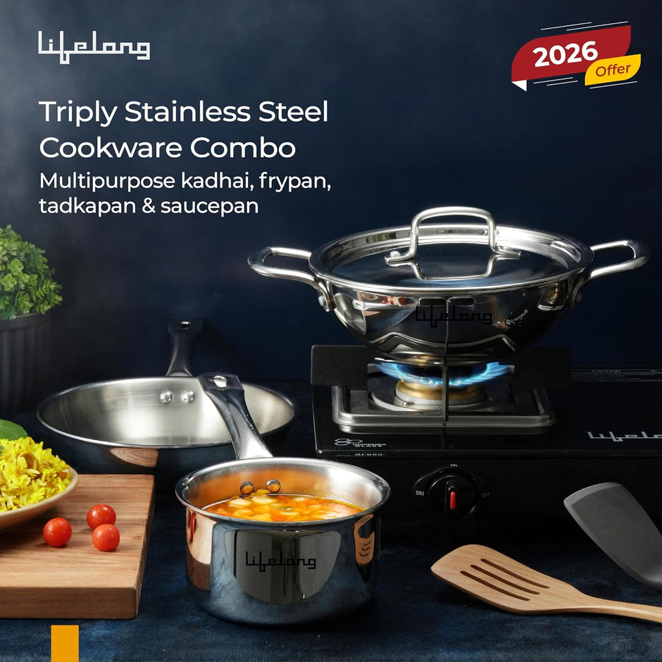 Lifelong Triply 5 piece cookware set|Triply Kadai, Frypan, Saucepan & Tadka Pan for Cooking | 20cm Kadai (1.7L)& Fry Pan (1.2L) 20cm| 14cm Saucepan (1.2L) & Tadka Pan 10 Cm with Common Lid (LLTPDK009)|Induction and Gas Stove Compatible Combo of 5