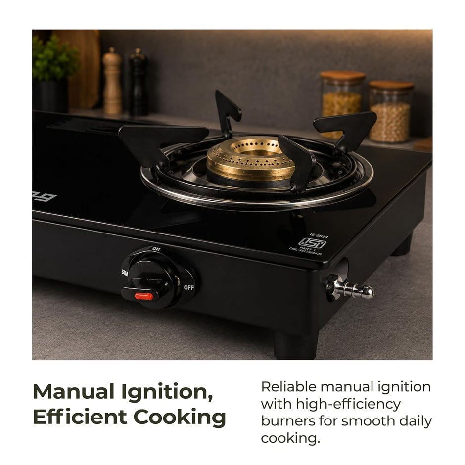 Lifelong 2 Burner Gas Stove Top for Kitchen - Manual Ignition Cooktop Modern Glass Stove for Modular Kitchen, ISI Certified & Compatible with LPG - 1 Year Manufacturer's (Black, LLGS002)