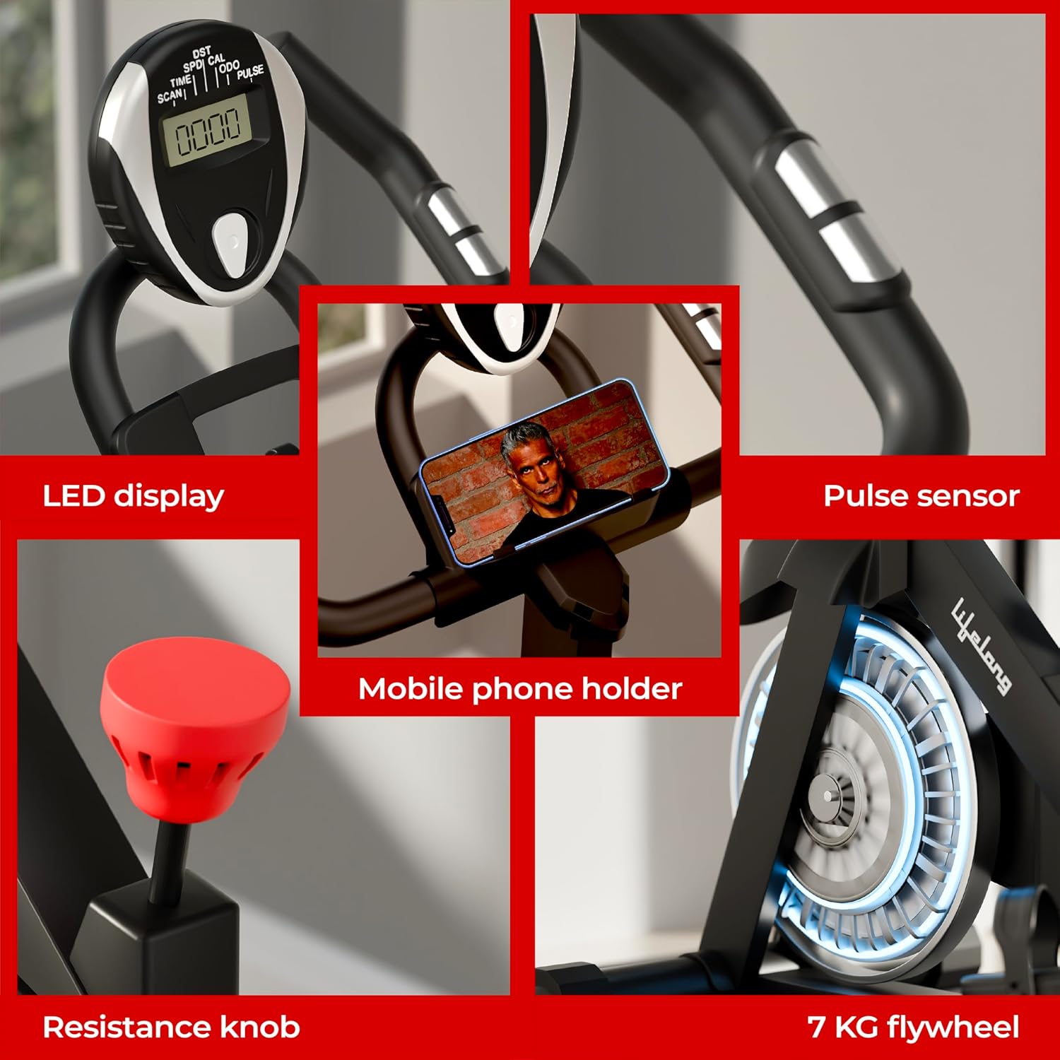 Lifelong Fit Pro Spin Fitness Bike for Home | Exercise Bike for Cardio Workout with 7 KG Flywheel, Adjustable Resistance & LED Display | Cushioned Adjustable Seat | Non-Slip Pedals | Max User Weight 120 KG