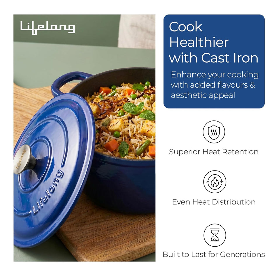 Lifelong Enamel Cast Iron Dutch Oven with Lid (5.6L, 28cm) | Oven, Gas & Induction Compatible