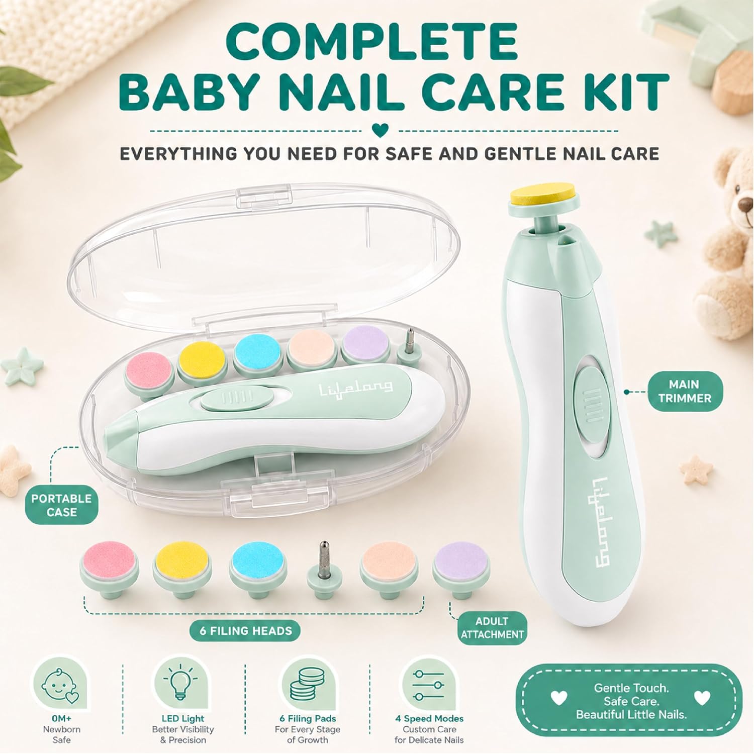 Lifelong Baby Electric Nail Trimmer Kit – 5 Grinding Heads, Gentle & Safe Nail Care for Newborns, Infants & Toddlers