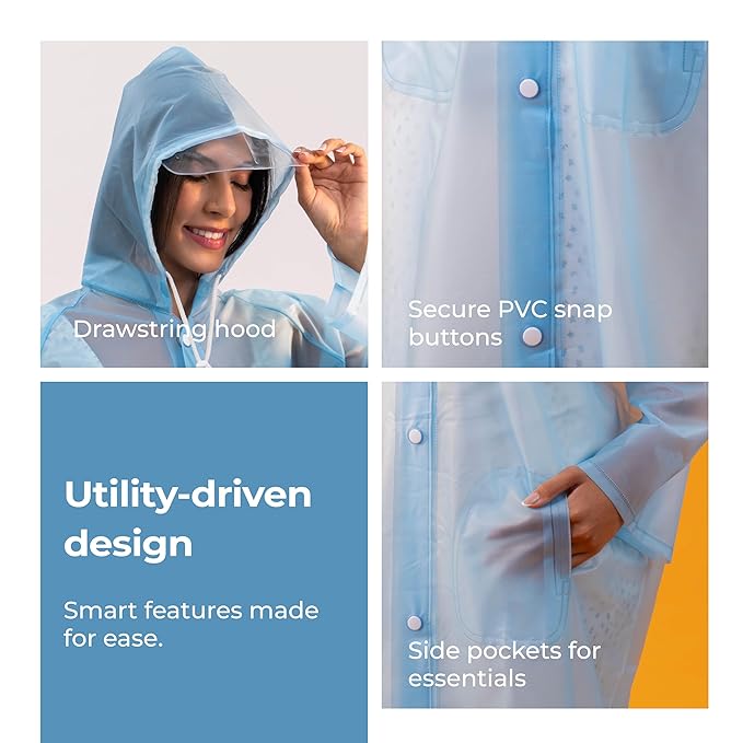 Lifelong Women’s Raincoat – 100% Waterproof One-Piece with Hood, Side Pocket & Snap Buttons, Lightweight & Portable Travel Rainwear (Sky Blue, M)