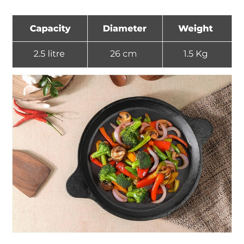 Lifelong Cast Iron Frying Pan for Cooking with Handle | Pre-Seasoned Appam Pan | Large Non-Toxic Cookware, Non-Stick & Teflon Free, Durable for Easy Cooking & Cleaning | Gas & Induction Stove-Friendly