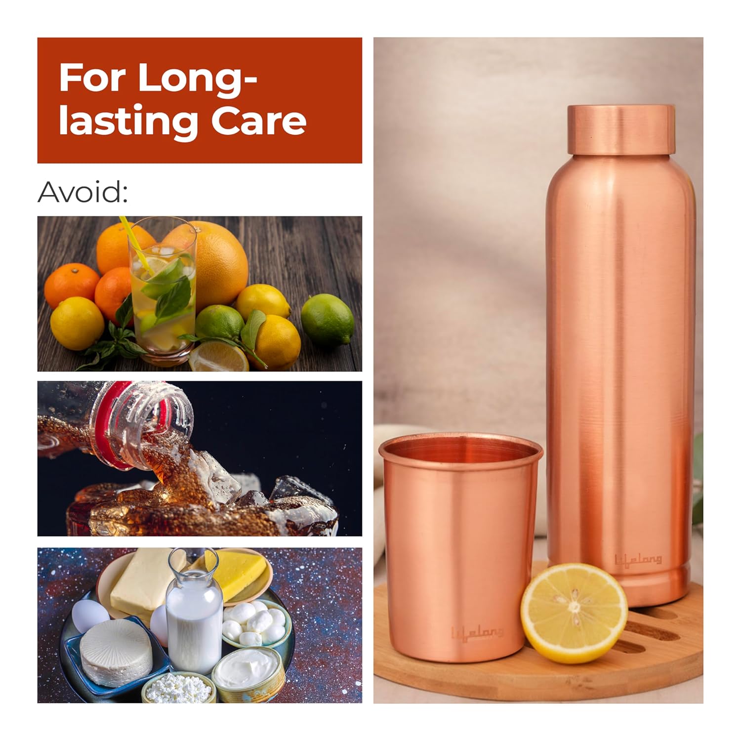Lifelong 950 ml Copper Water Bottle with Set of 2 Glass | Natural Alkaline Water | Leakproof & Lightweight Design Boosts Immunity | Anti-Bacterial, BPA Free & Secure Cap for School, Travel, Gym & Work Minimalist