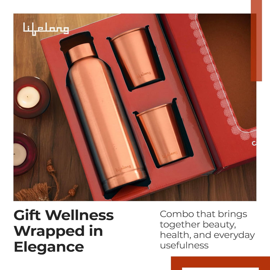 Lifelong 950 ml Copper Water Bottle with Set of 2 Glass | Natural Alkaline Water | Leakproof & Lightweight Design Boosts Immunity | Anti-Bacterial, BPA Free & Secure Cap for School, Travel, Gym & Work Minimalist