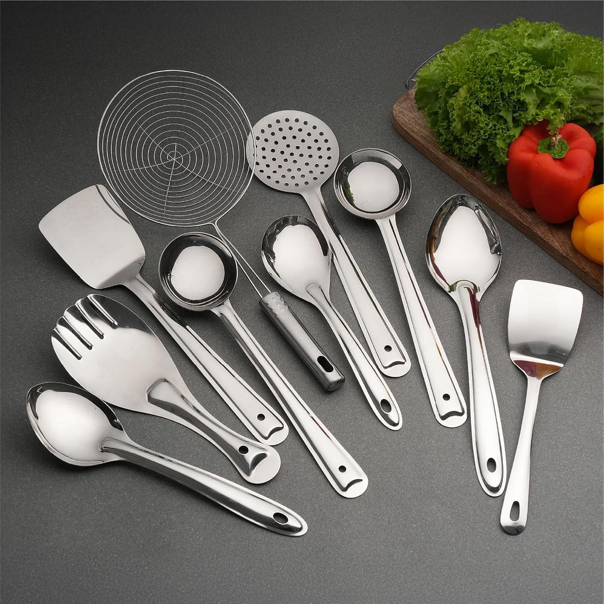 Lifelong Stainless Steel Cooking Utensils Set |10 Pieces Serving Spoon Set for Kitchen | Contains Ladle, Turner, Strainer, Rice Spoon,Oval Spoon & Serving Spoon |Kitchen Cooking Essential Set for Home
