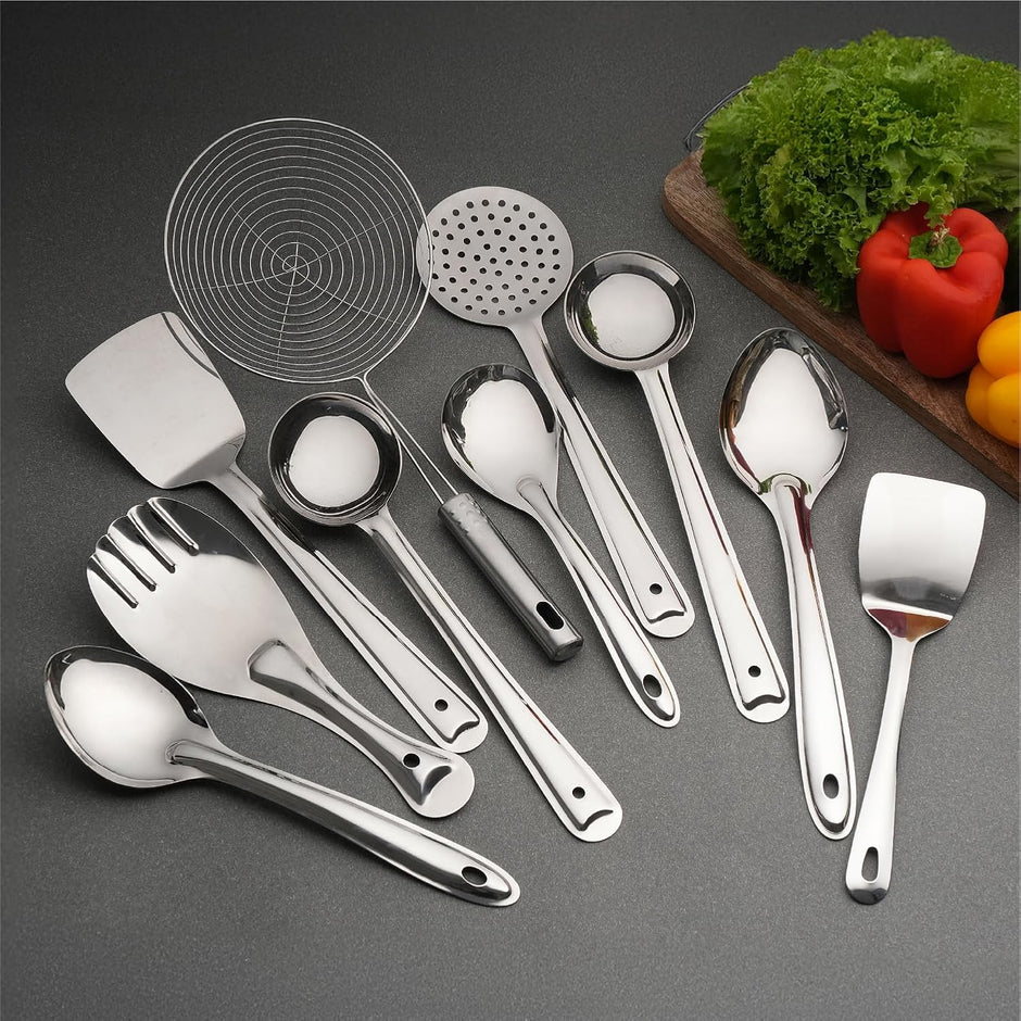 Lifelong Stainless Steel Cooking Utensils Set |10 Pieces Serving Spoon Set for Kitchen | Contains Ladle, Turner, Strainer, Rice Spoon,Oval Spoon & Serving Spoon |Kitchen Cooking Essential Set for Home