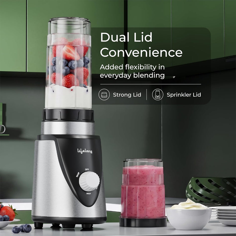 Lifelong Nutri Blender with 2 Jars (300ml, 500ml) | 450W Motor, 2 SS Blades(4 & 2 Leaf), 2 Lids(Strong & Sprinkler)