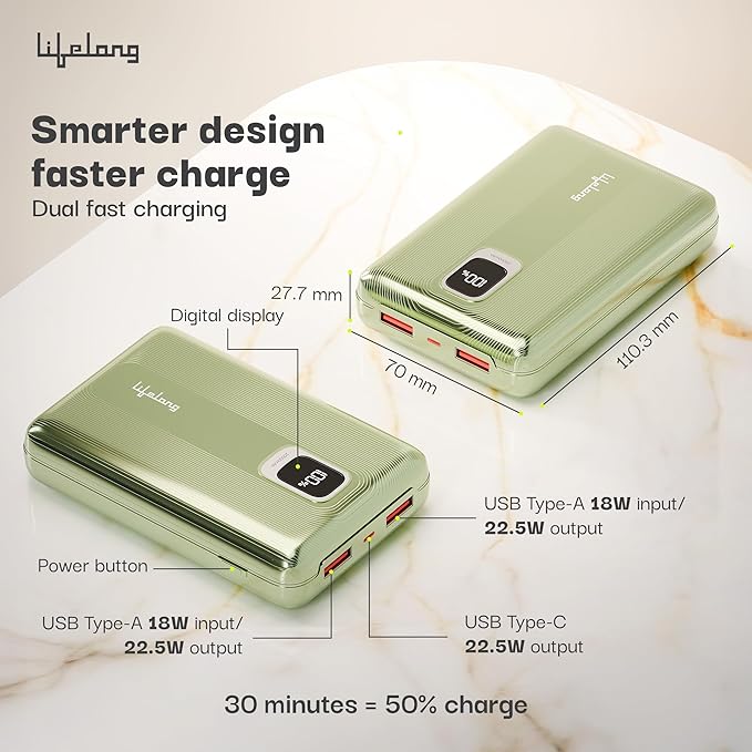 Lifelong 20000mAh Power Bank – 22.5W PD Fast Charging with Digital Display, Type-C Input, 3 Output Ports & Quick Charge 3.0 (Green, Cable Included)