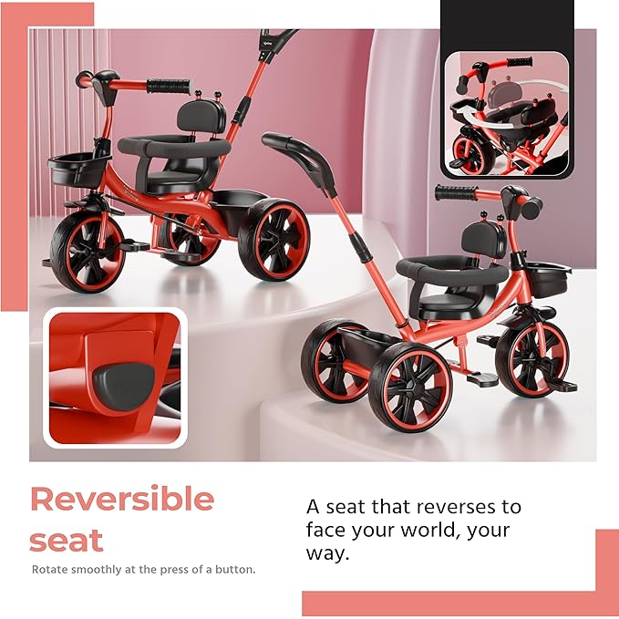 Lifelong Kids Harness Tricycle with Parental Control, EVA Wheels, Bell & Storage Basket – Baby Trike for 1–4 Years (25kg Capacity, Red/Black)