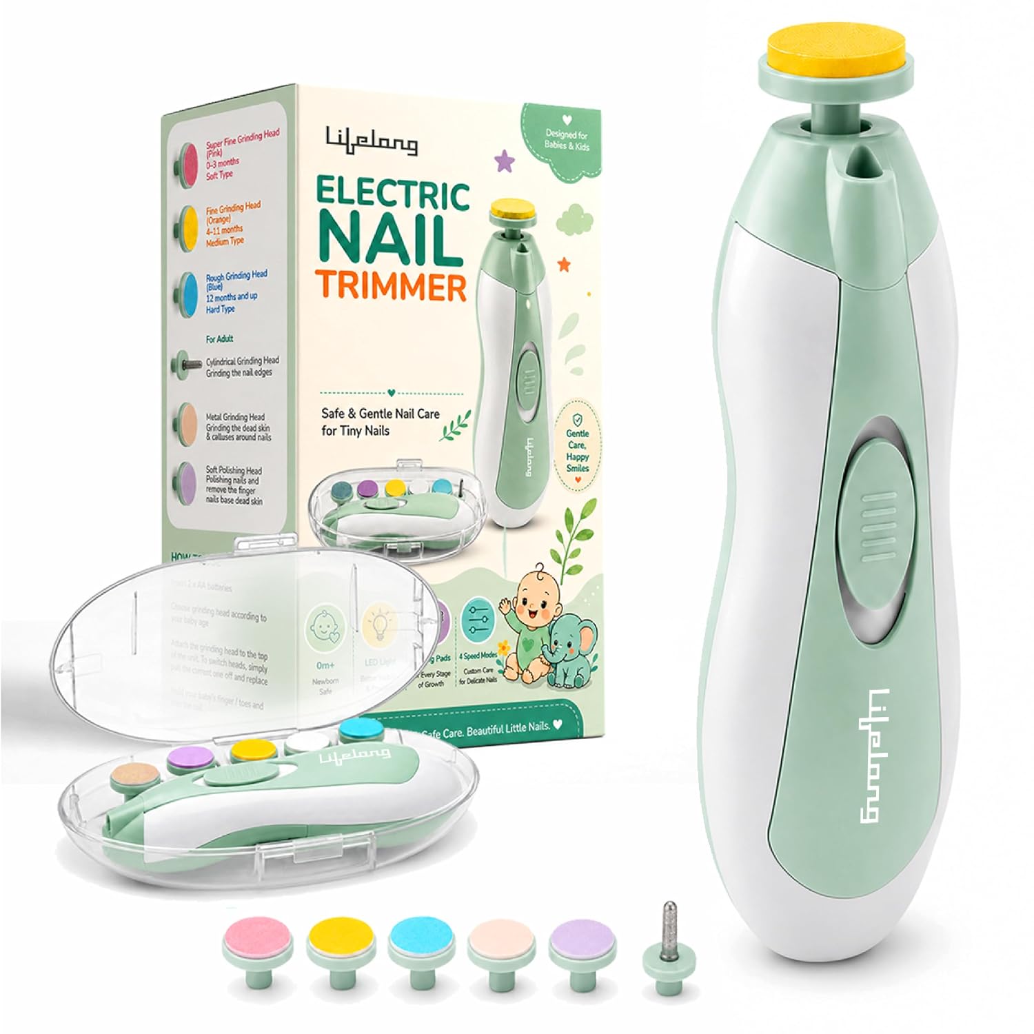 Lifelong Baby Electric Nail Trimmer Kit – 5 Grinding Heads, Gentle & Safe Nail Care for Newborns, Infants & Toddlers