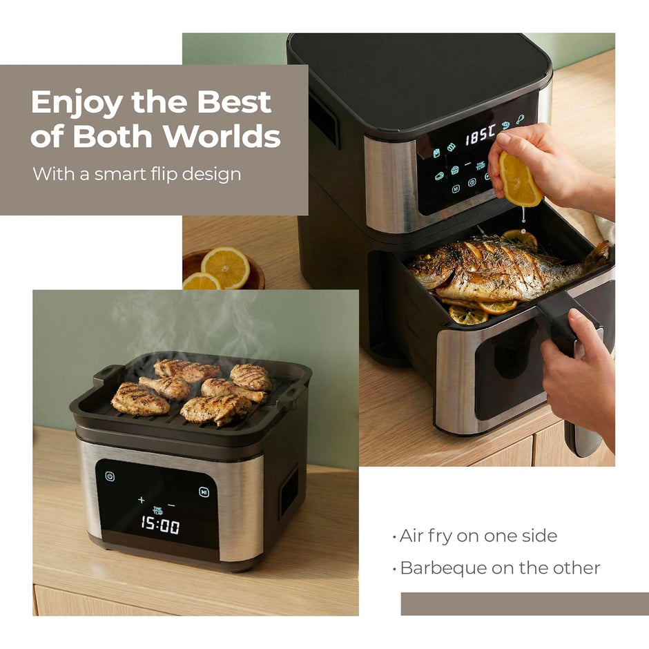 Lifelong BRIK 2-in-1 Air Fryer & Barbeque | 1350W Power, 8 Presets | 4.2L Basket with Glass Window | Flip Design for Air Frying & Grilling | Low Oil Cooking, 360Â° Rapid Air Technology |LED Touch Panel Silver & Black