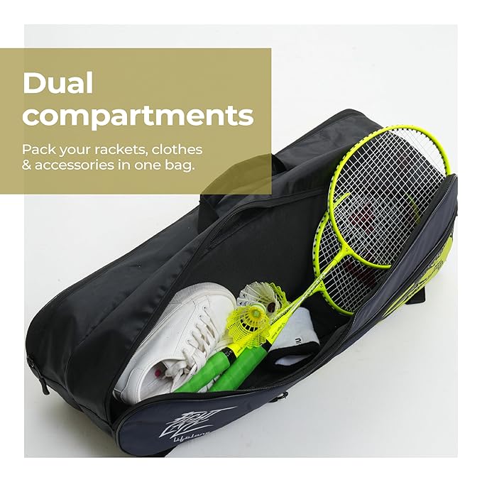 Lifelong Badminton Kit Bag – Dual Compartments, Water-Resistant, Black & Green