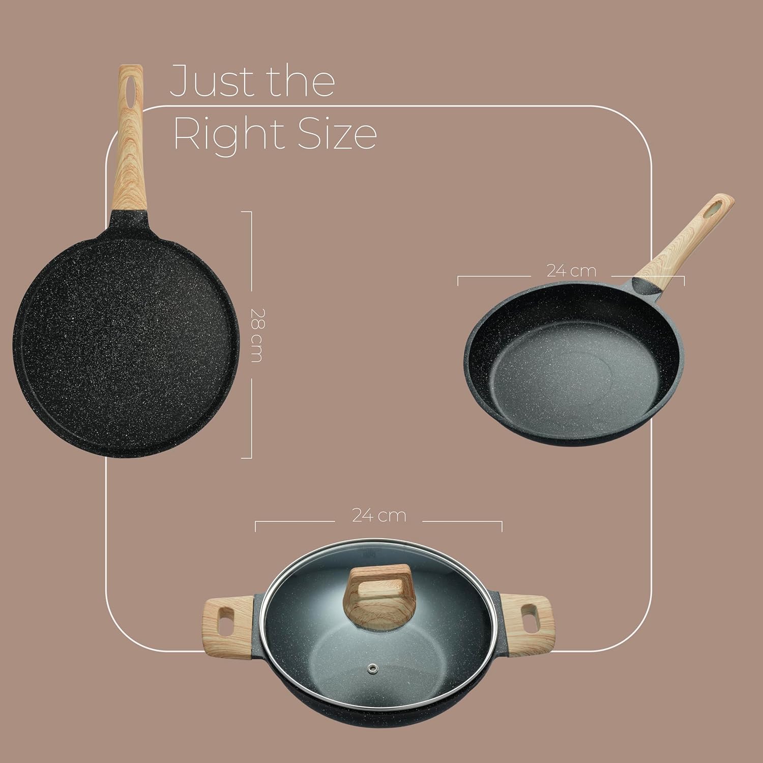 Lifelong 3 Piece Die-Cast Cookware Set With Common Lid & Wooden Spatula