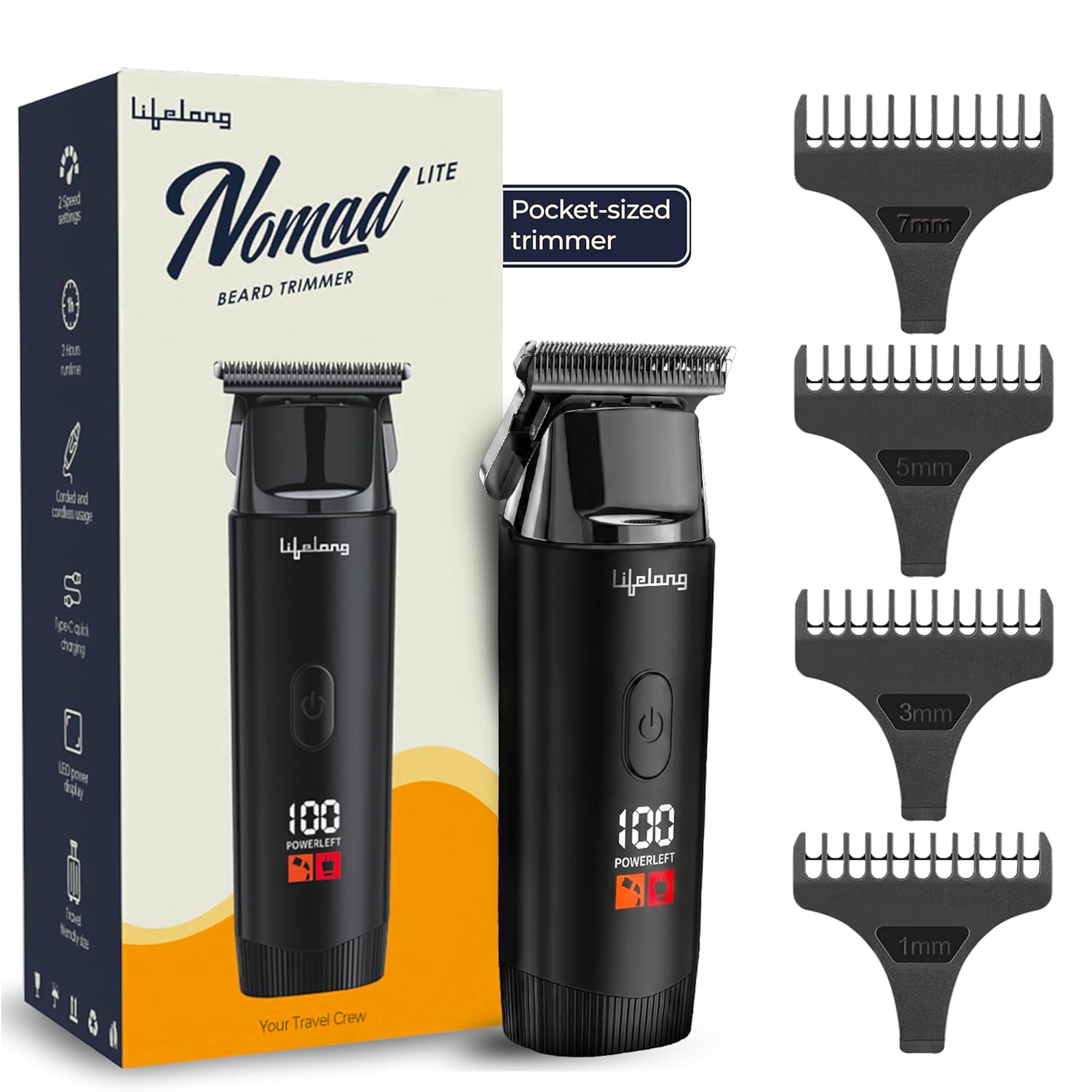 Lifelong Mini Beard Trimmer for Men with Type-C Charging & 2Hr Runtime