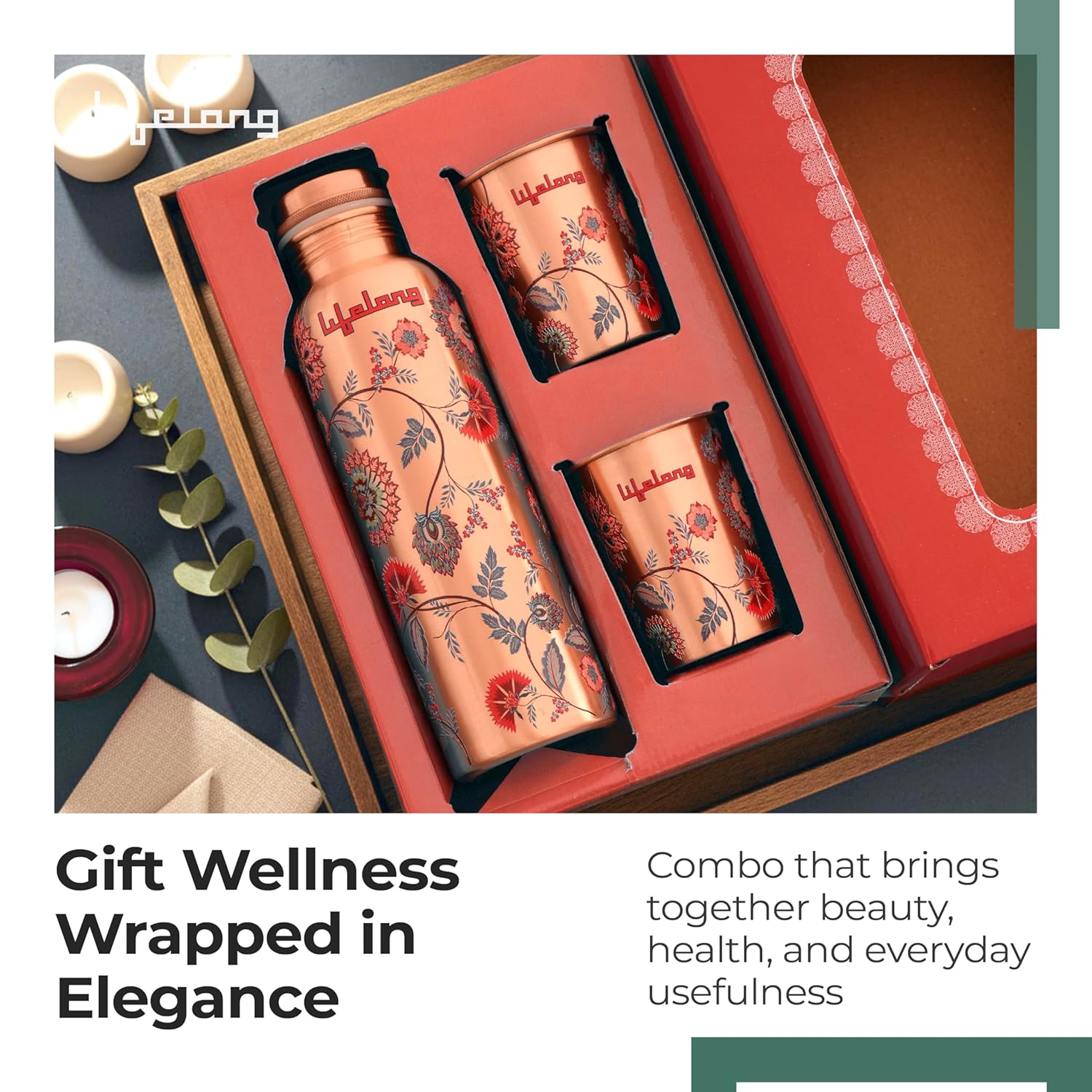 Lifelong 950 ml Copper Water Bottle with Glass Set of 2 | Natural Alkaline Water | Leakproof & Lightweight Design Boosts Immunity | Anti-Bacterial, BPA Free, Secure Cap for School, Travel, Gym & Work Artistic & Elegant