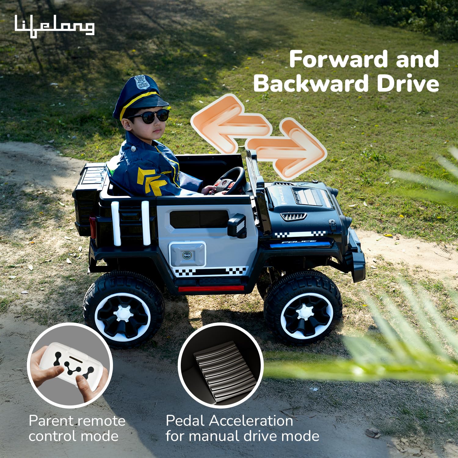 Lifelong Cuppy Electric Ride-On Police Big Car – Rechargeable Battery Jeep with Music, Mic & LED Lights for Kids 2+