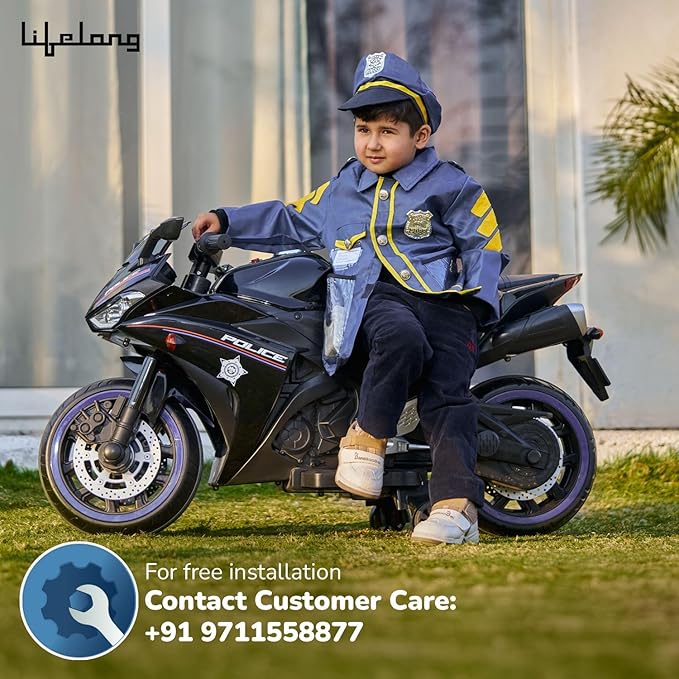 Lifelong Cuppy Electric Ride-On Police R3 Bike for Kids | 2+ Years Battery Bike with LED Lights, Music Panel, Bluetooth & Balance Wheels | Supports Up to 50kg